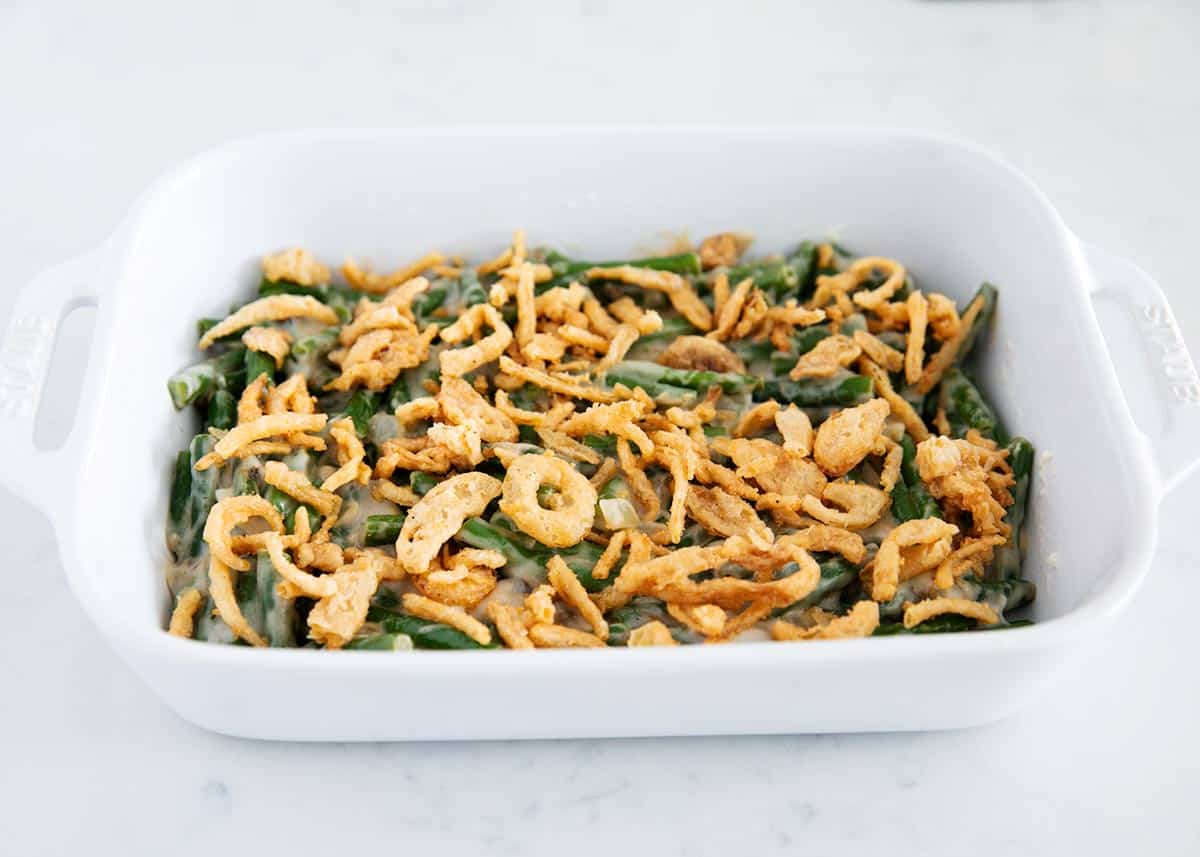 Green bean casserole ready to bake.