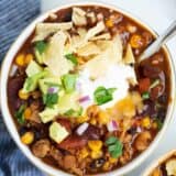 Turkey chili in a white bowl.
