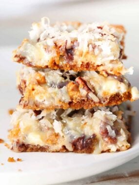 Stack of 7 layer bars showing gooey layers.