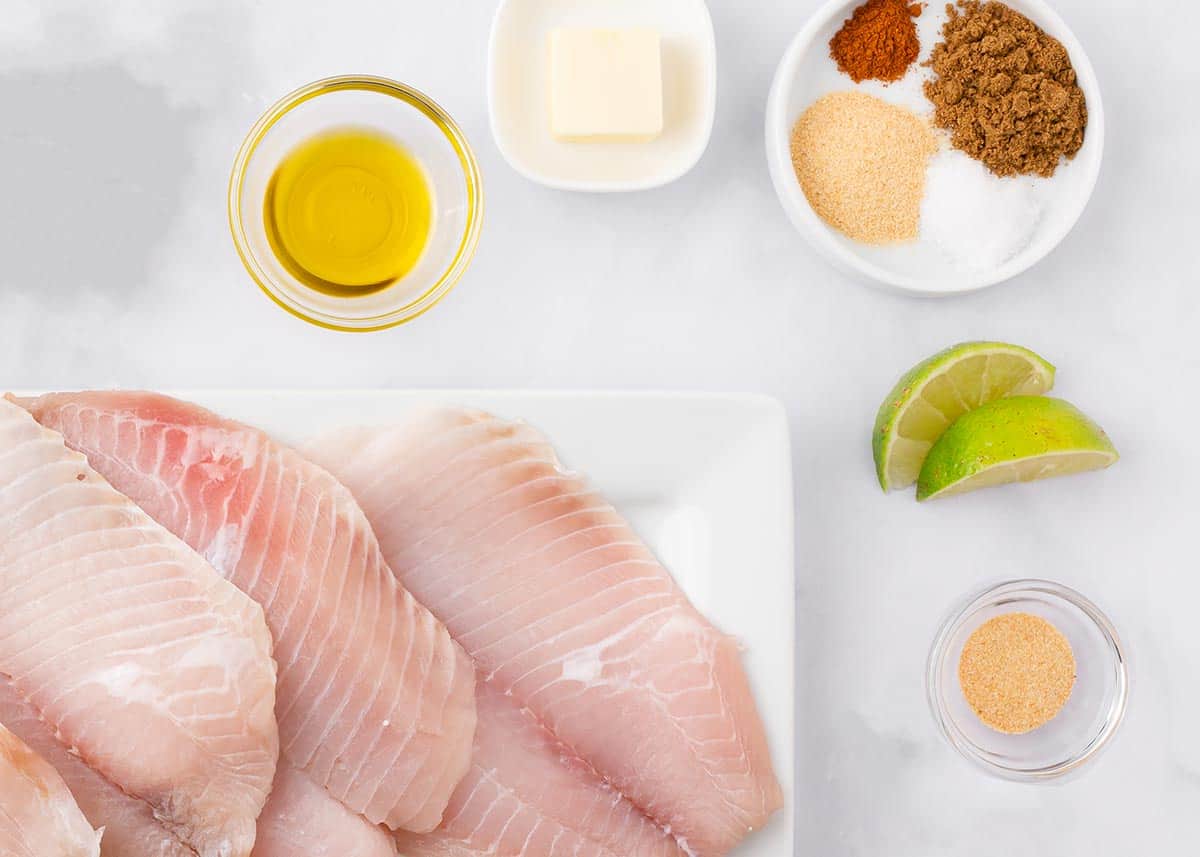 Baked tilapia ingredients on the counter.