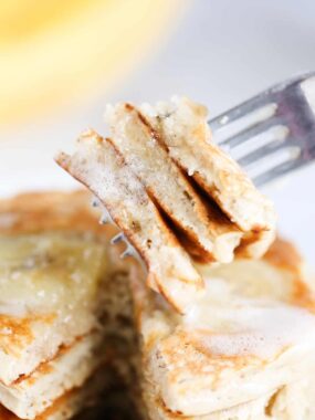 Banana pancakes on a fork.