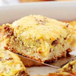 Slice of biscuit breakfast casserole.