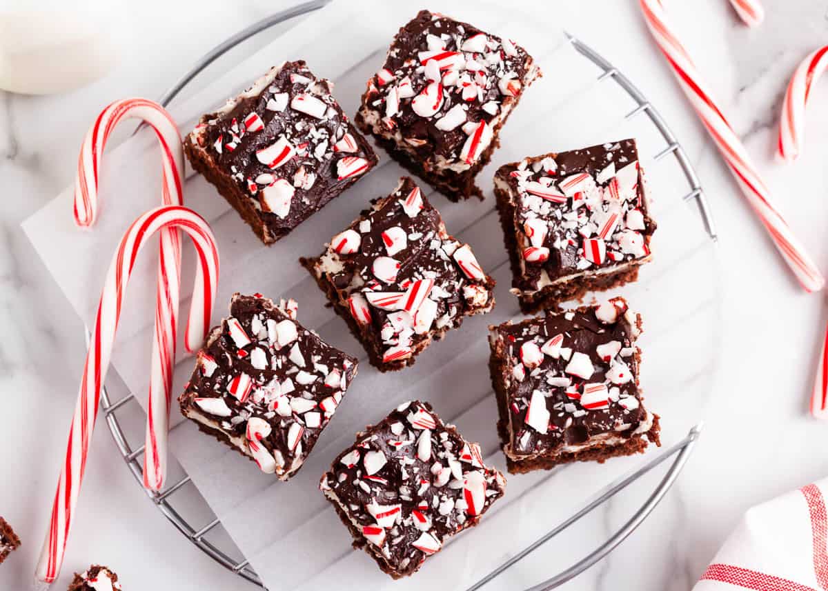 Peppermint brownies with candy canes.
