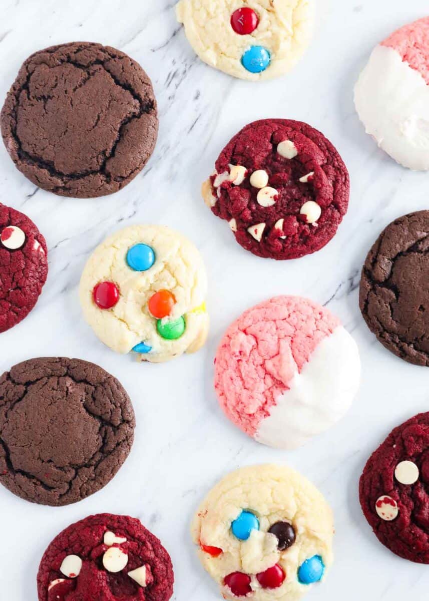 Cake mix cookies on a marble countertop.