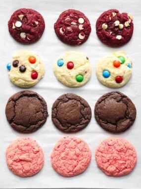 Cake mix cookies on parchment paper.