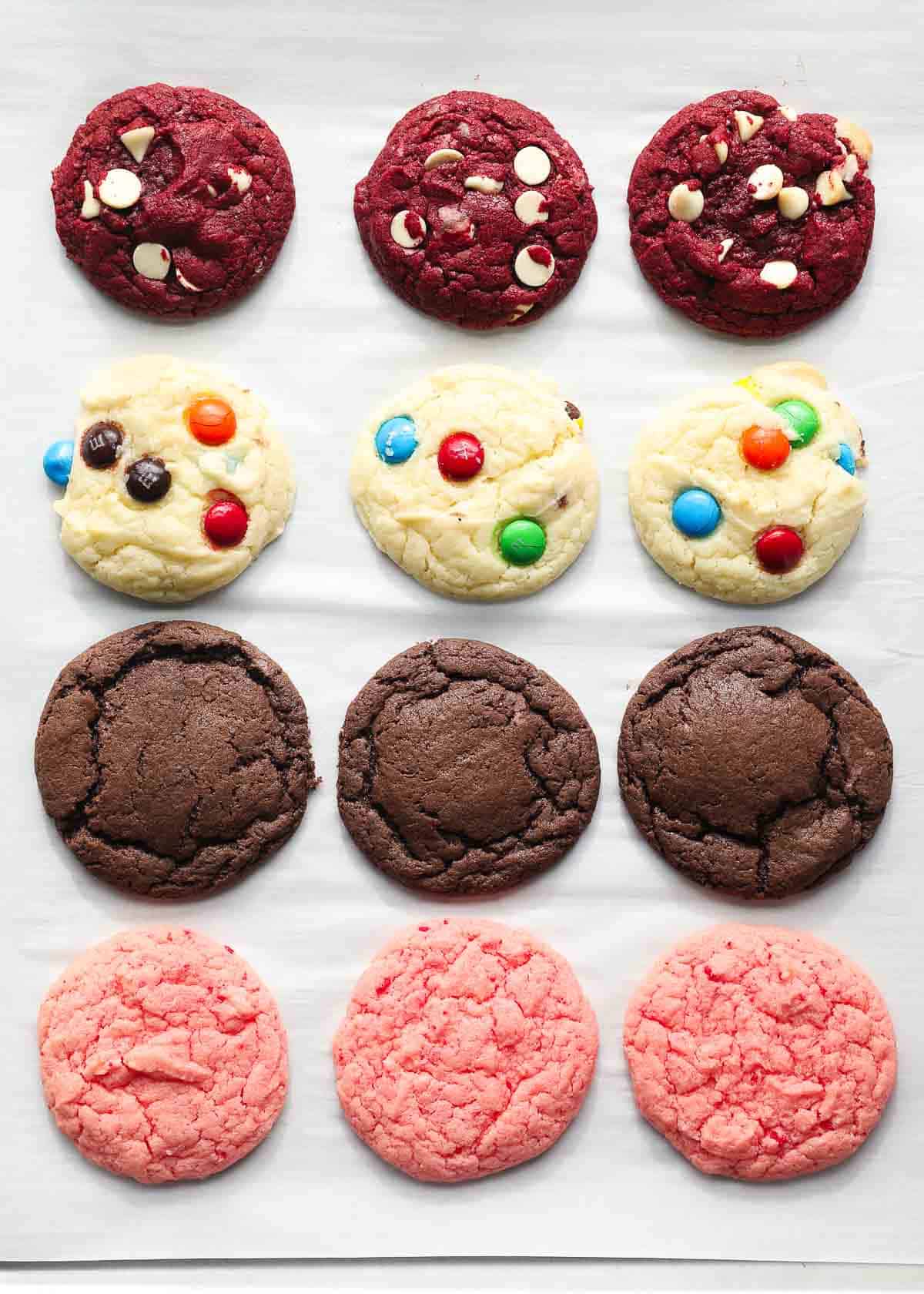 Cake mix cookies on parchment paper.