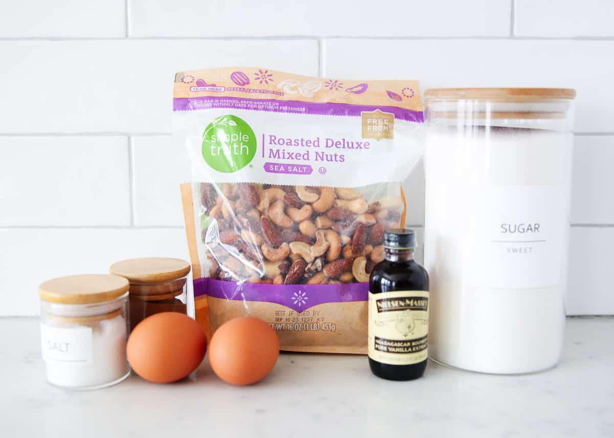 Candied nuts ingredients on counter.