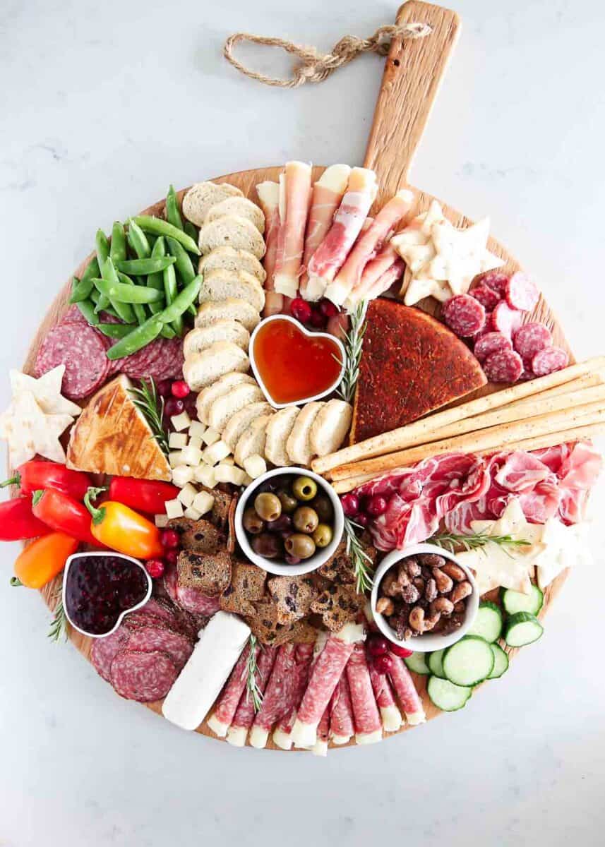 Charcuterie board on a marble counter.