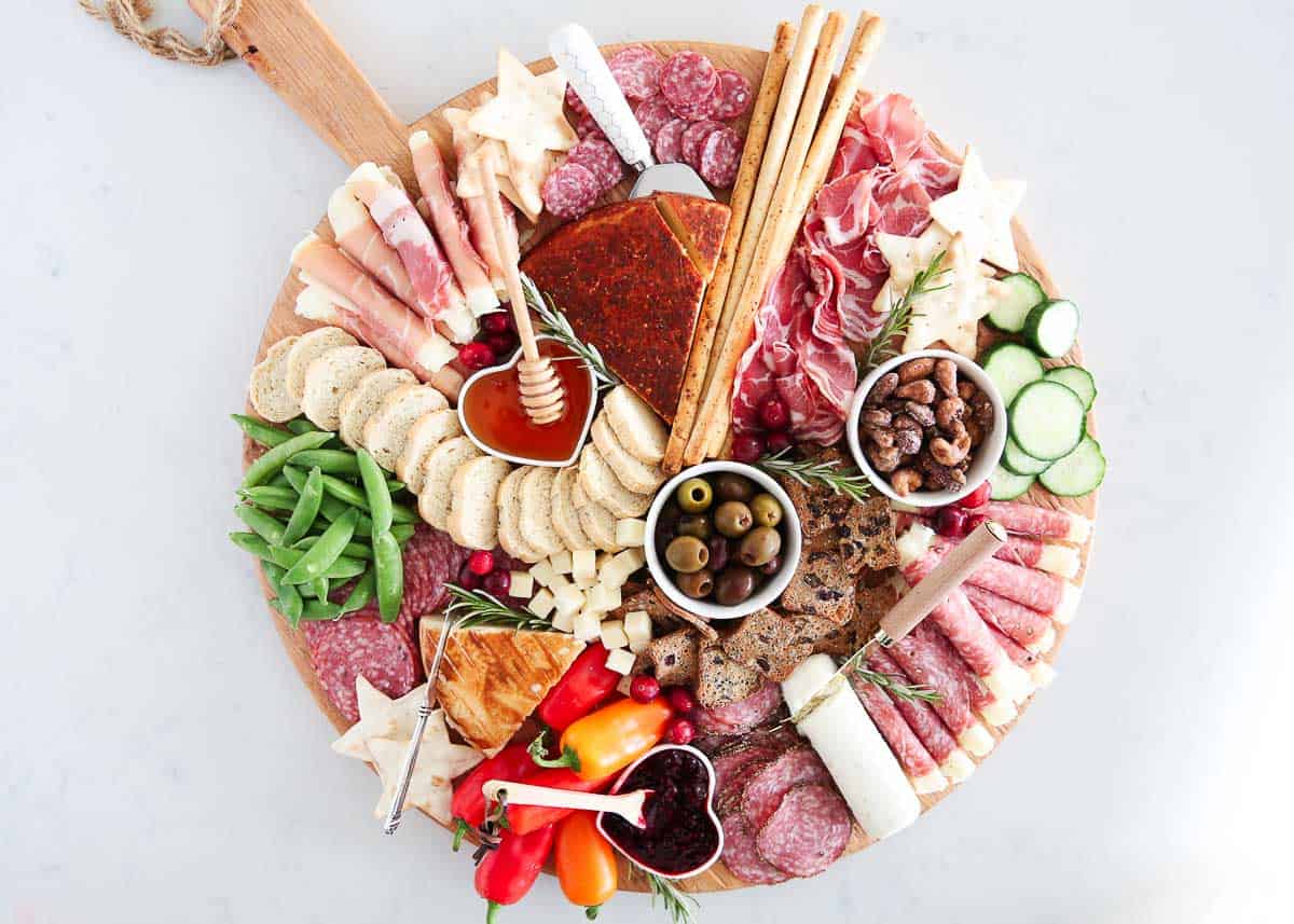 Charcuterie board on a counter.