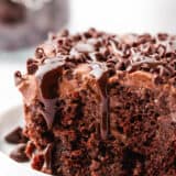 Chocolate poke cake on a white plate with chocolate chips.