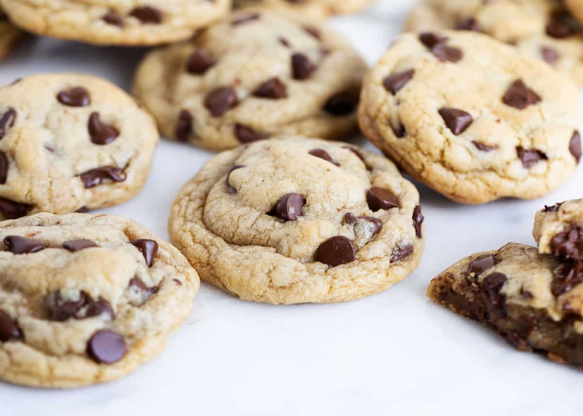 Chocolate chip cookies on the countertop.