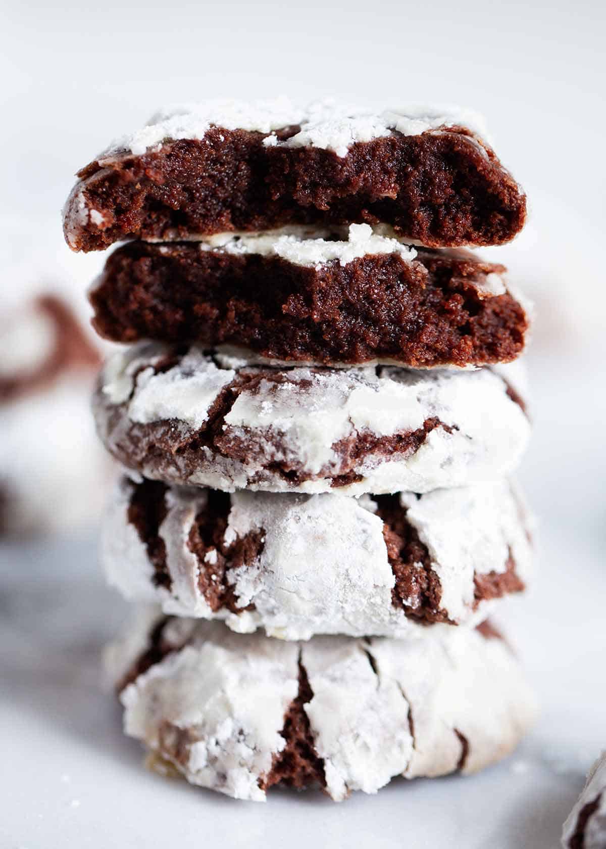 Stacked of crinkle chocolate cookies. 