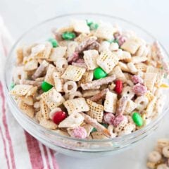 Christmas chex mix recipe in a bowl.