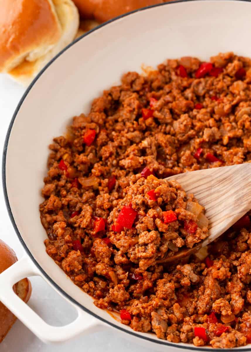 Easy sloppy joe mixture cooking in a skillet.