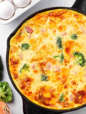 Frittata in an iron skillet.