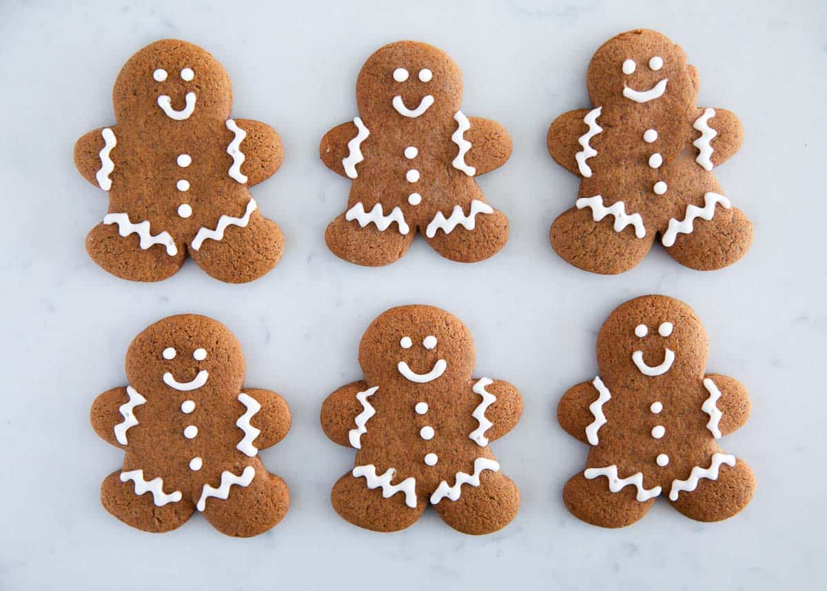 Gingerbread cookies on marble counter.