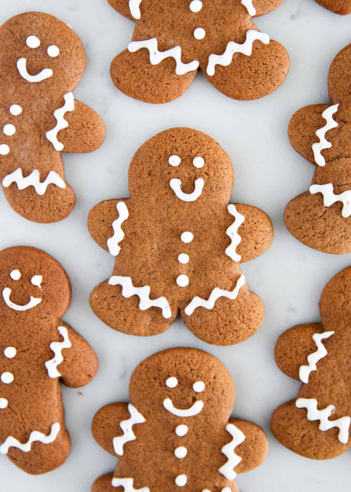 Gingerbread man cookies on counter.