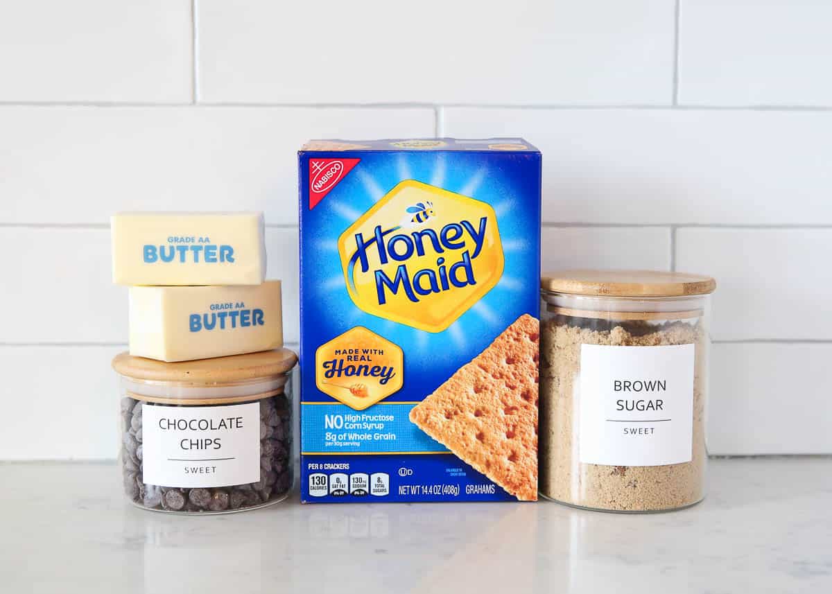 Graham cracker toffee ingredients on the counter.