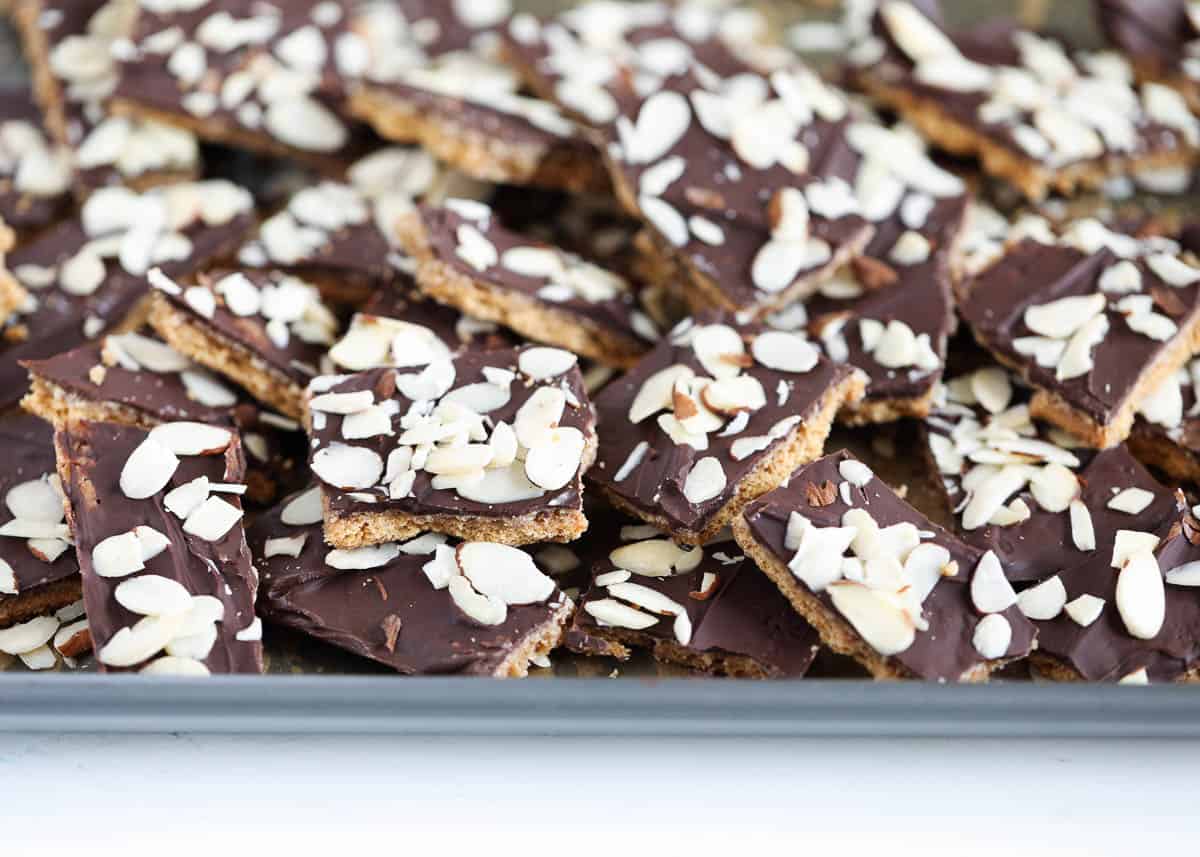 Graham cracker toffee on a baking sheet.