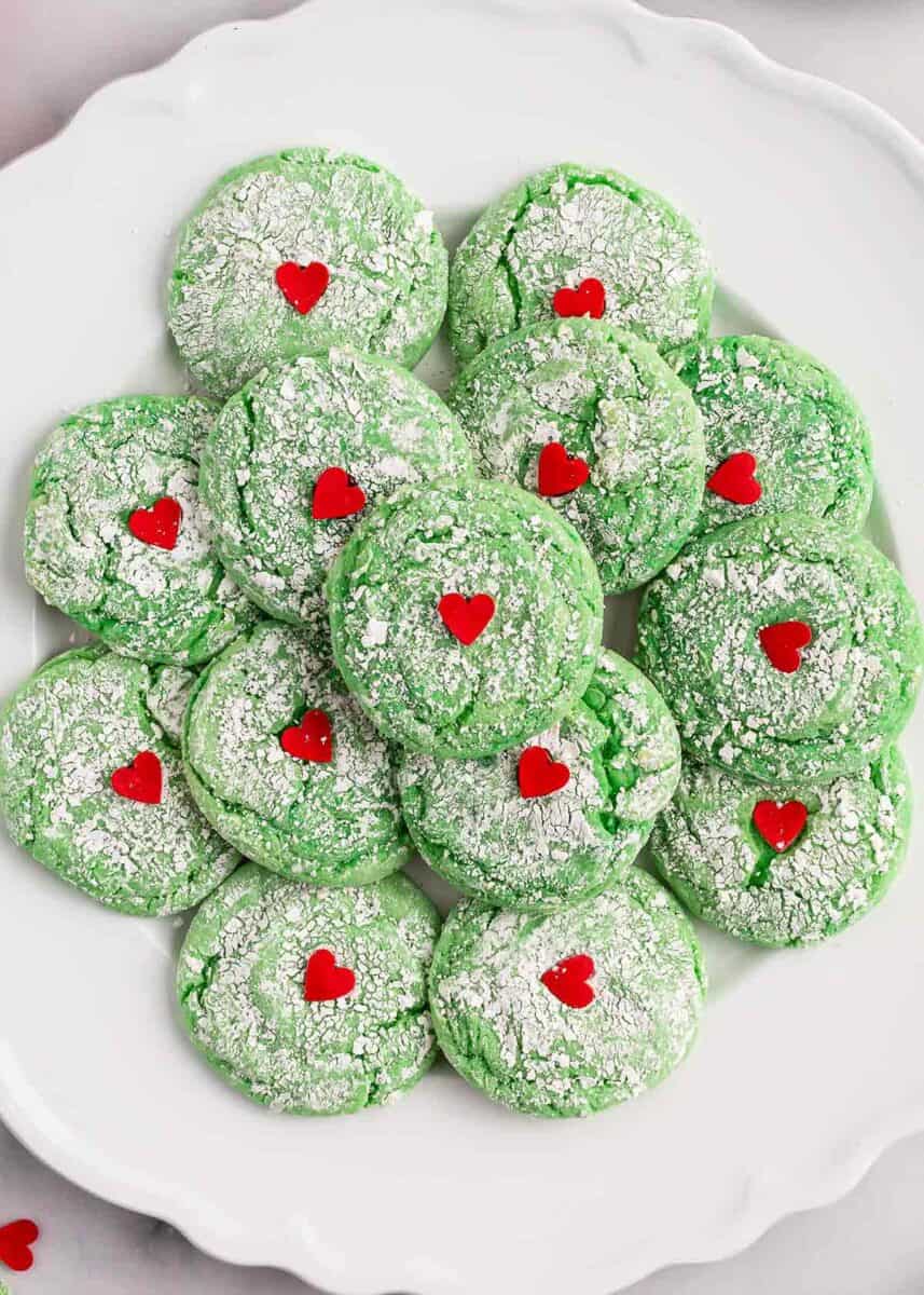 Grinch cookies on a plate. 