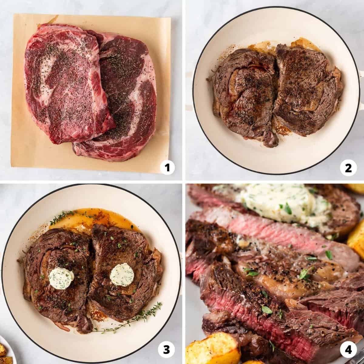 Showing how to cook steak in the oven in a 4 step collage. 