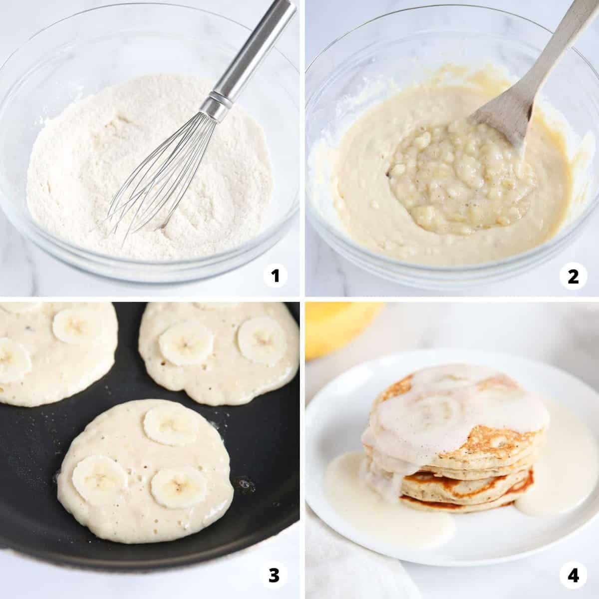 Showing how to make banana pancakes in a 4 step collage.