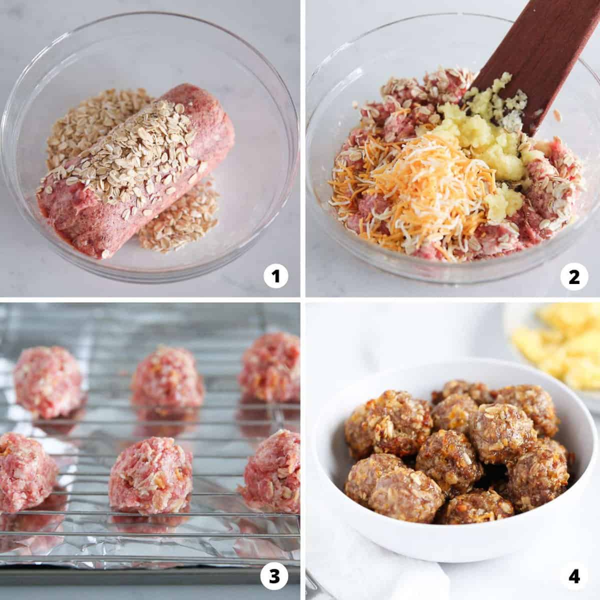 Showing how to make breakfast meatballs in a 4 step collage.