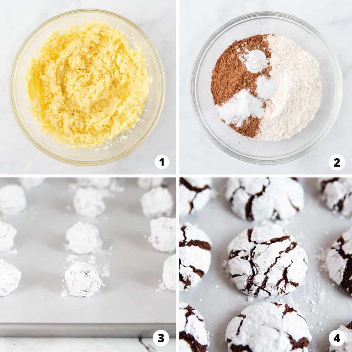 The process of making crinkle cookies in a four step photo collage. 