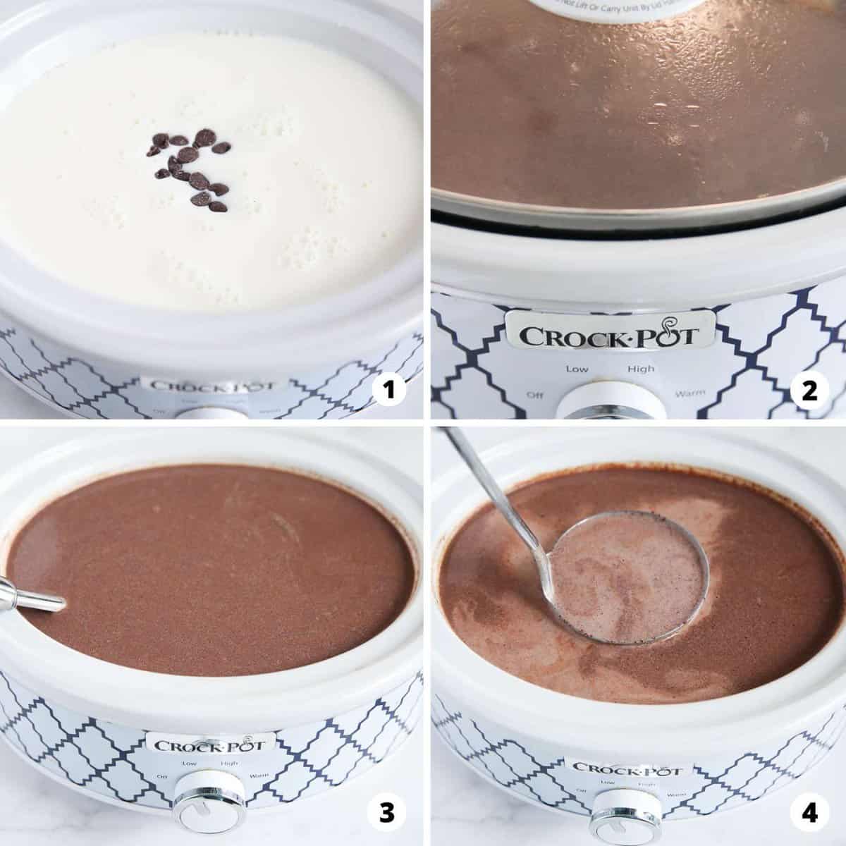 Showing how to make crockpot hot chocolate in a 4 step collage.