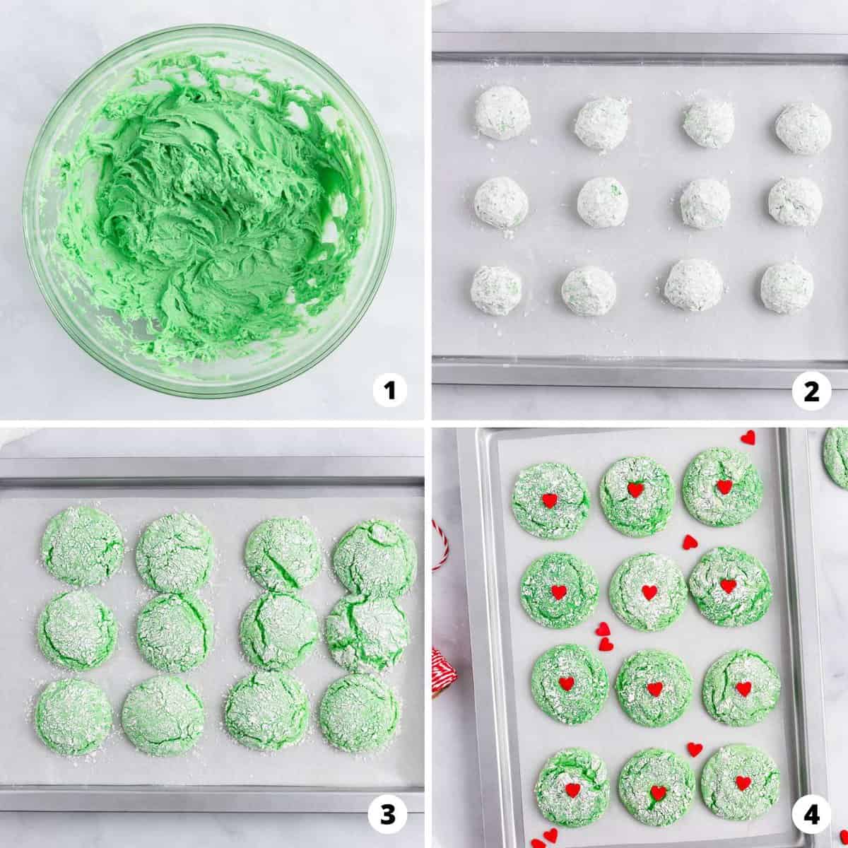 Showing how to make grinch cookies in a 4 step collage.
