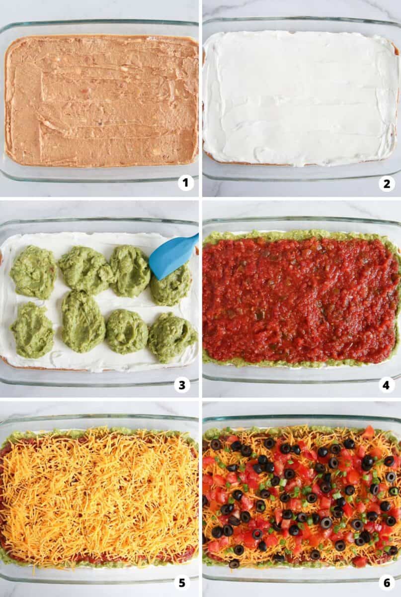 Showing how to make 7 layer dip in a 6 step collage.