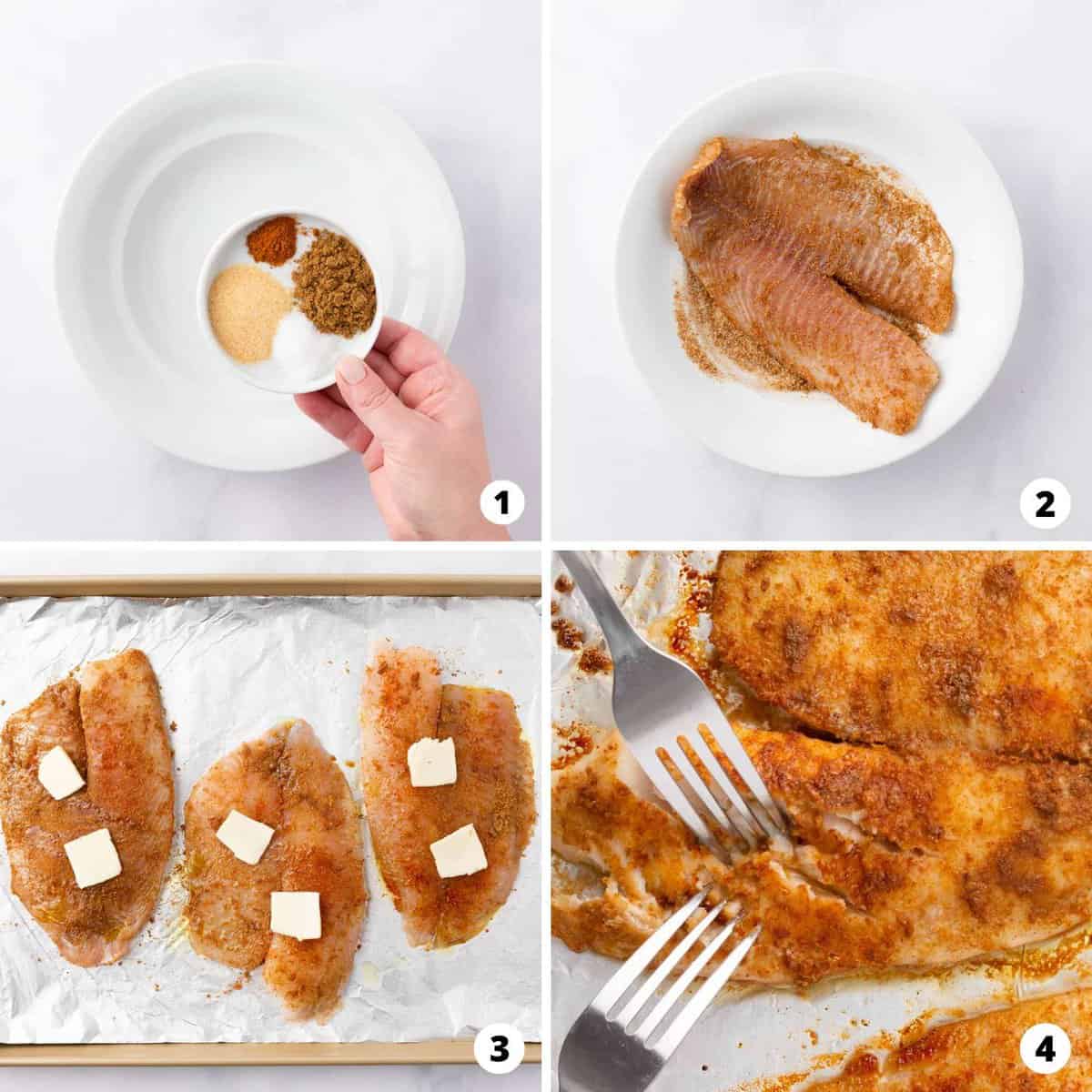 Showing how to make baked tilapia in a 4 step collage.
