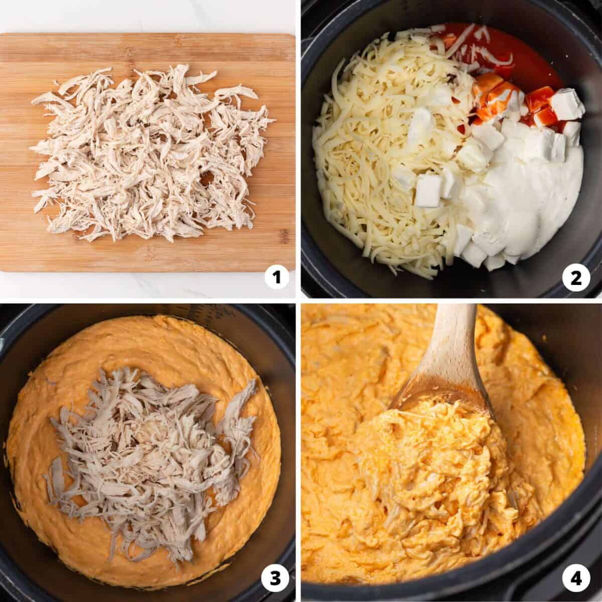 Showing how to make buffalo chicken dip in a 4 step collage. 