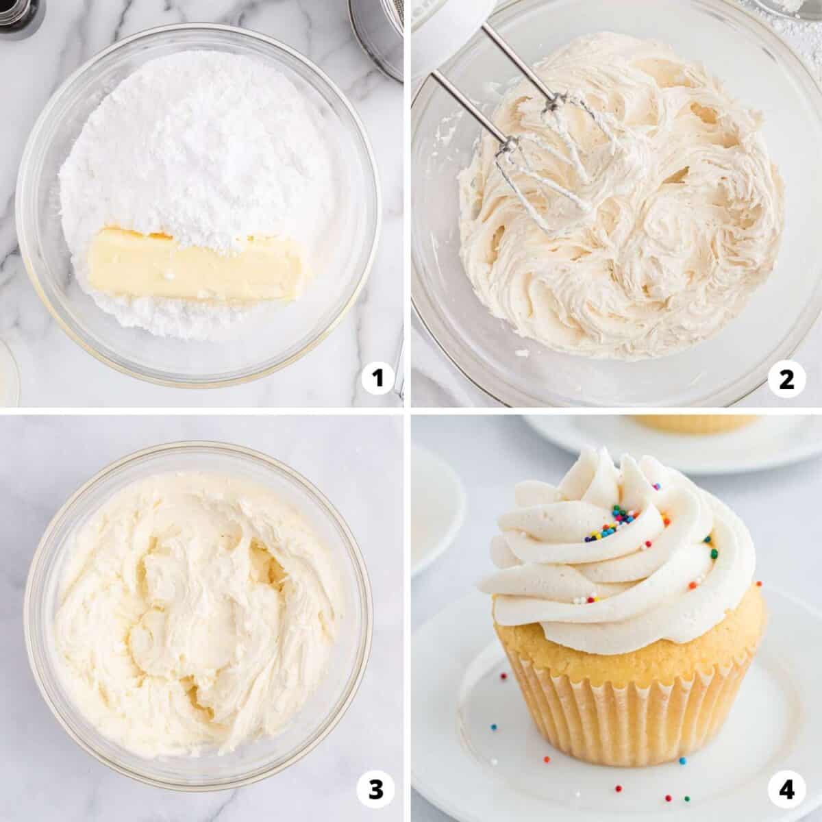 Showing how to make buttercream frosting in a 4 step collage.