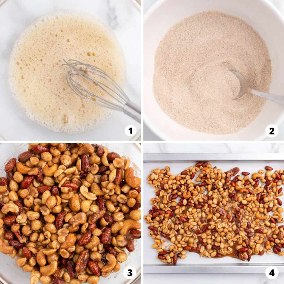 Showing how to make candied nuts in a 4 step collage.