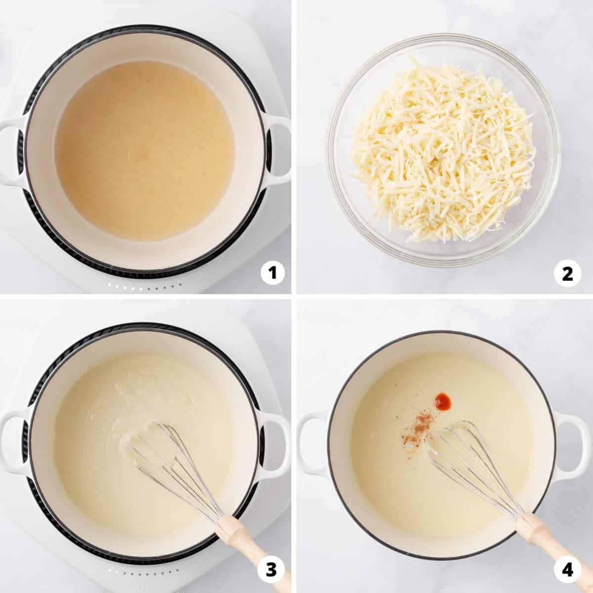 Showing how to make cheese fondue without wine in a 4 step collage.