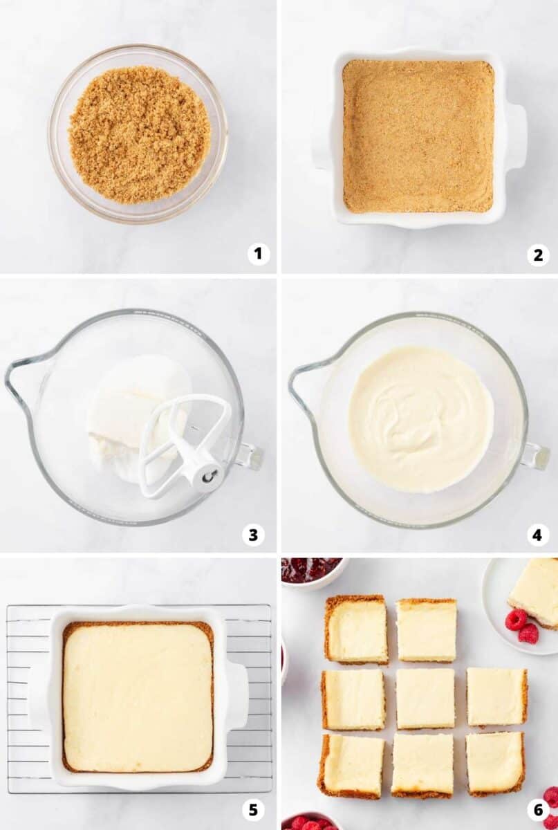 Showing how to make cheesecake bars in a 6 step collage.