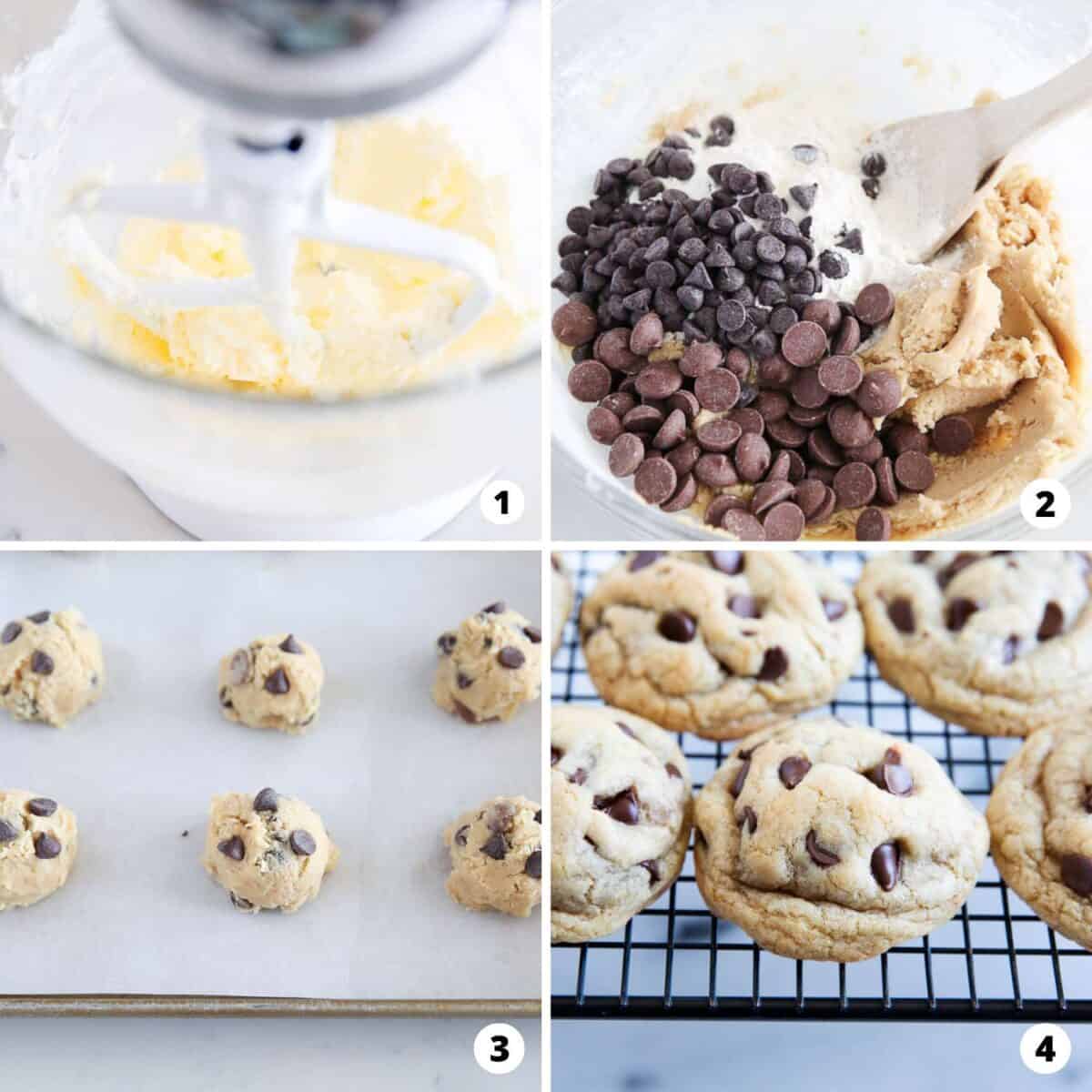 Showing how to make chocolate chip cookies in a 4 step collage.