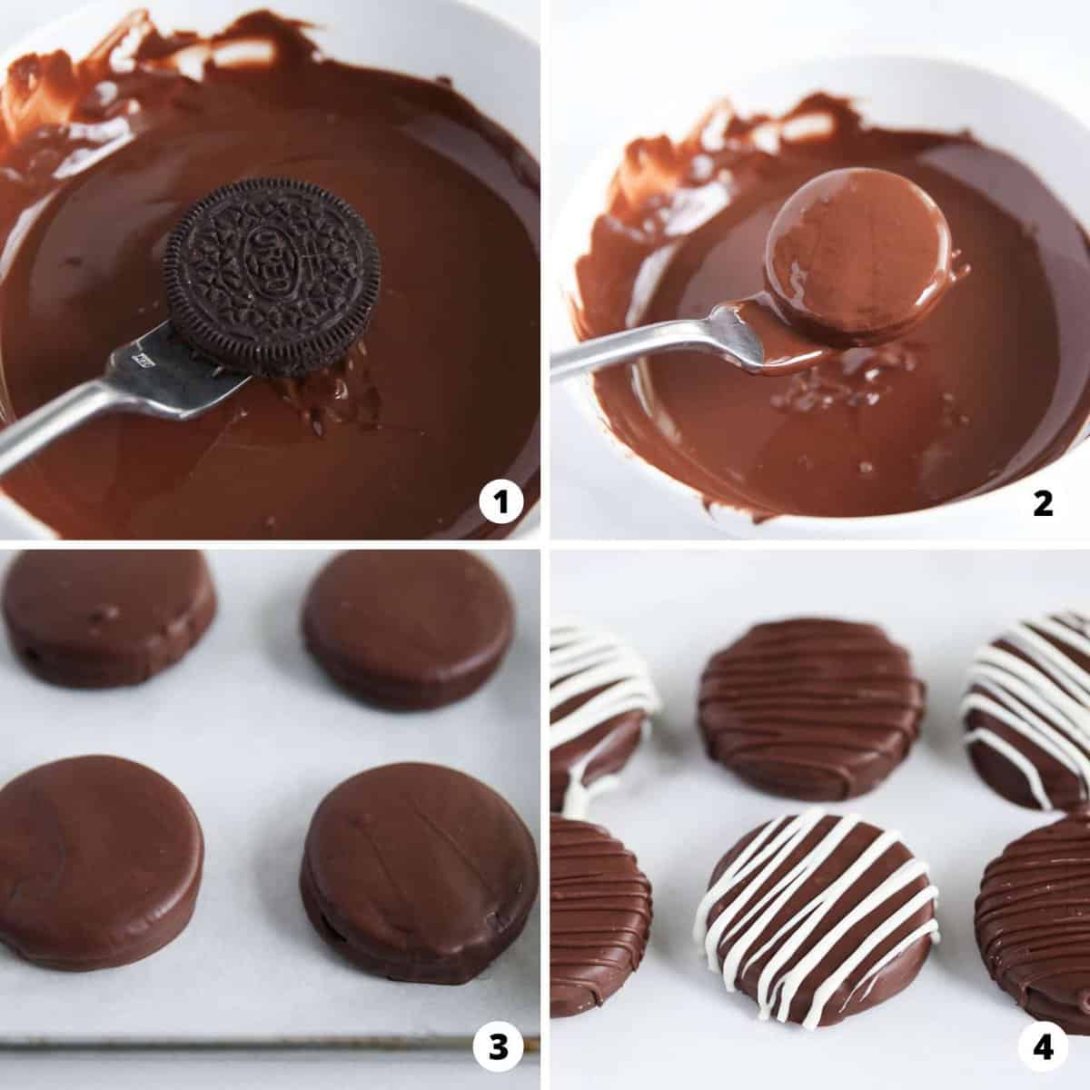 Showing how to make chocolate covered oreos in a 4 step collage.