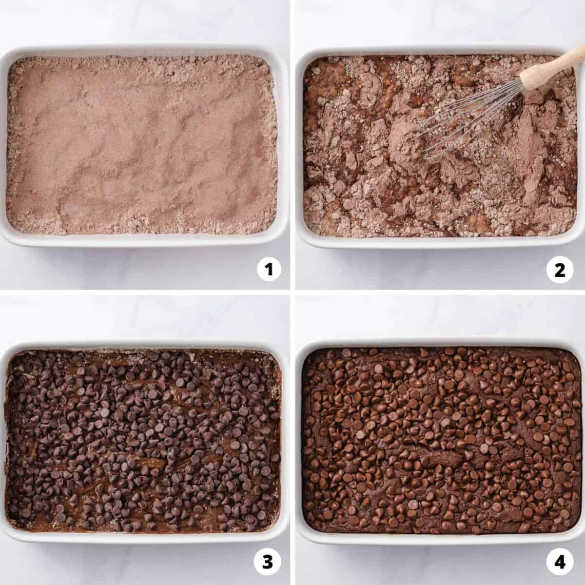 Showing how to make chocolate dump cake in a 4 step collage.