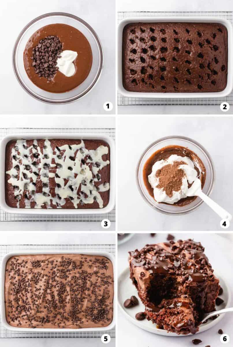 Showing how to make chocolate dump cake in a 6 step collage.