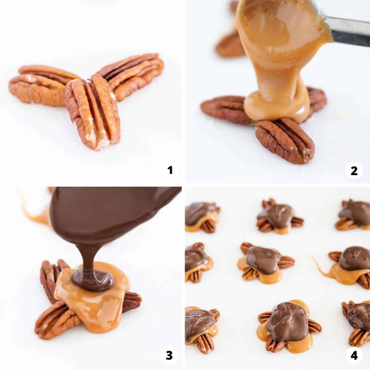 Showing how to make chocolate turtles.