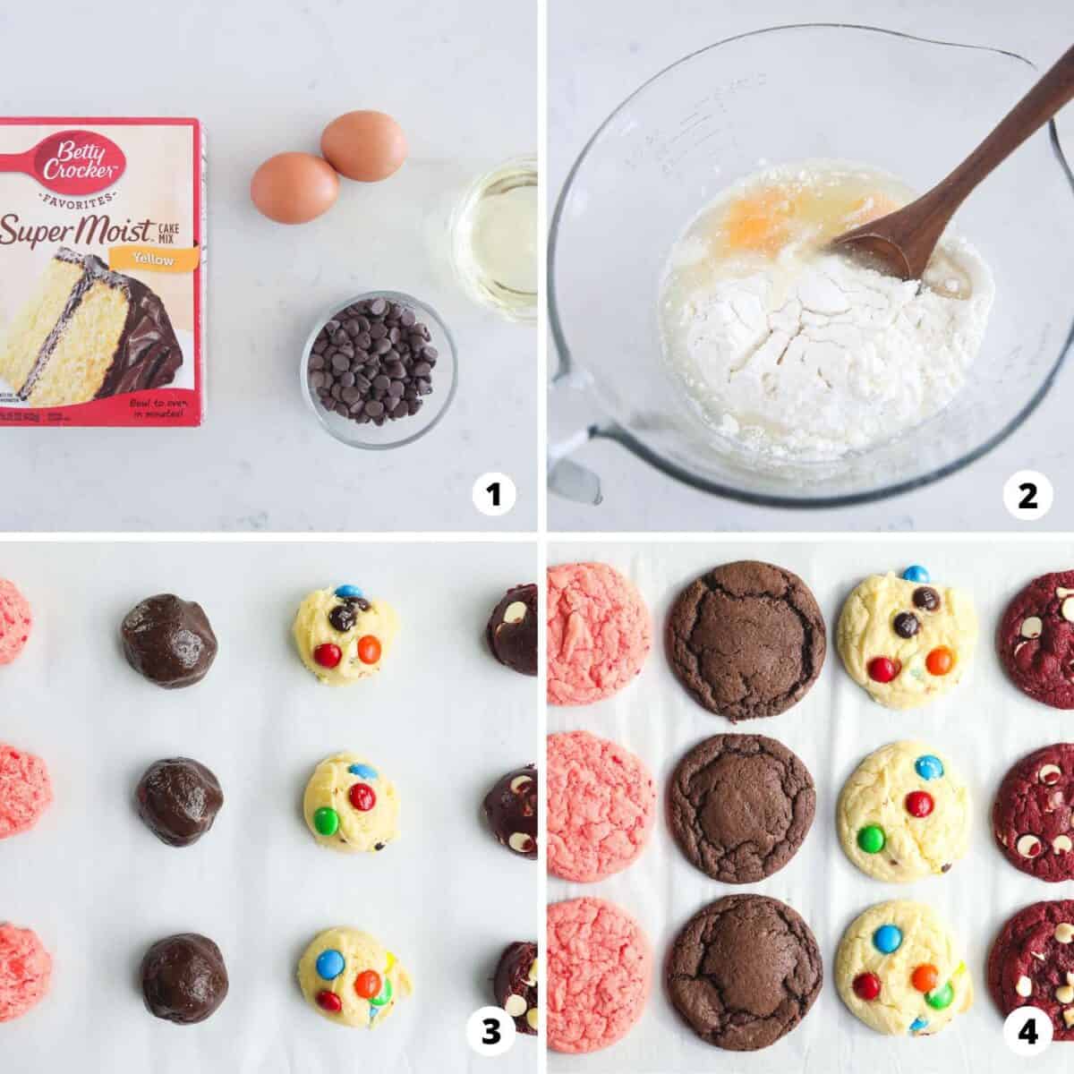 Showing how to make cake mix cookies in a 4 step collage.