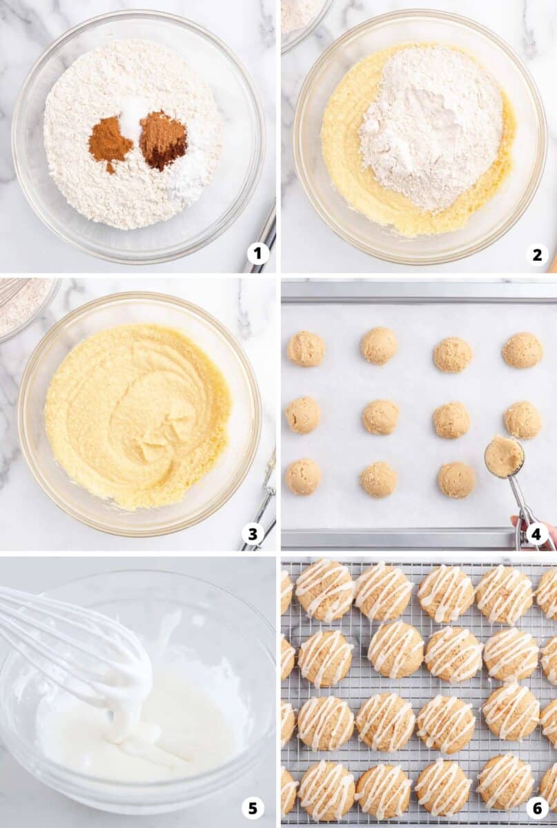 Showing how to make eggnog cookies in a 6 step collage.