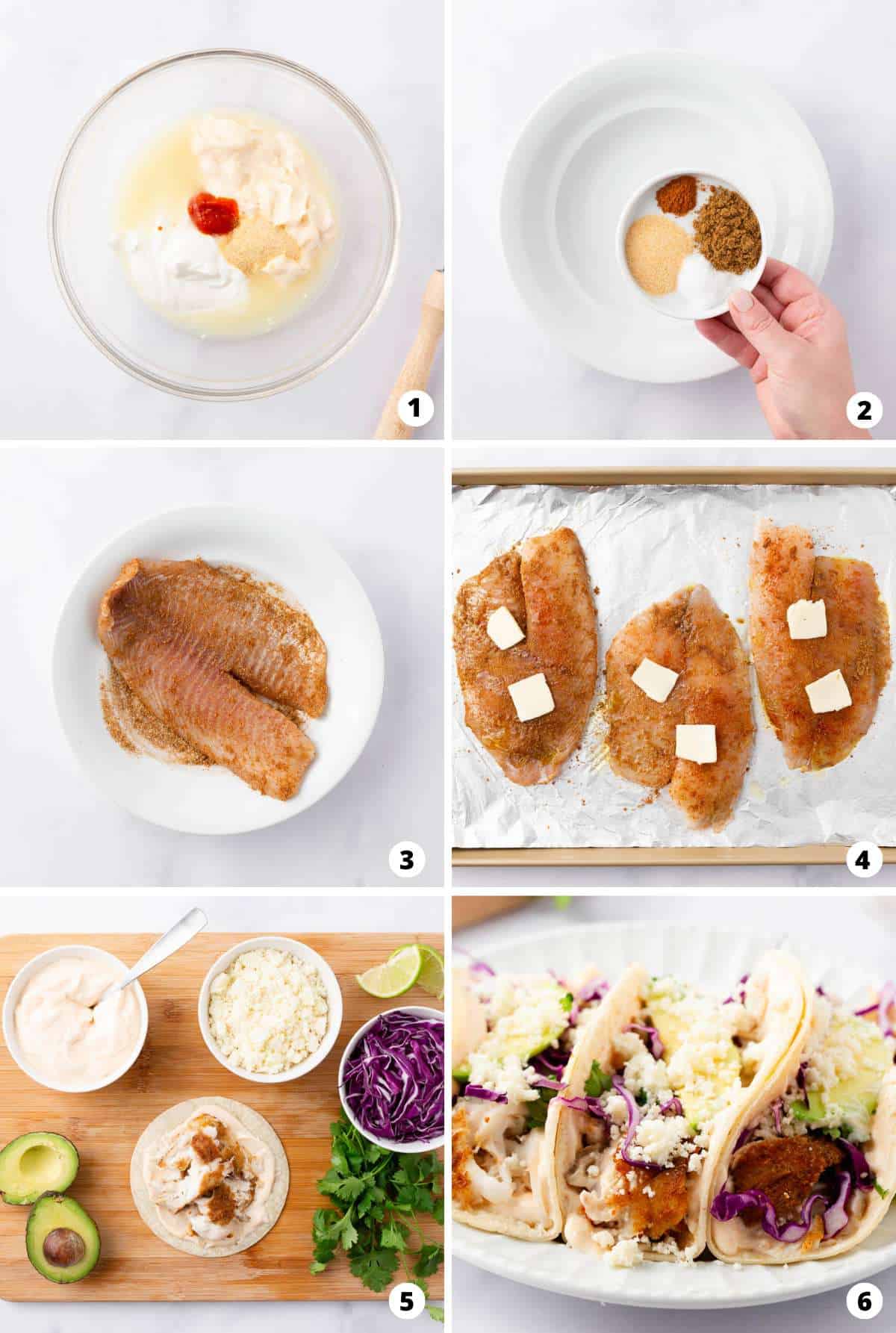 Showing how to make fish tacos in a 6 step collage.