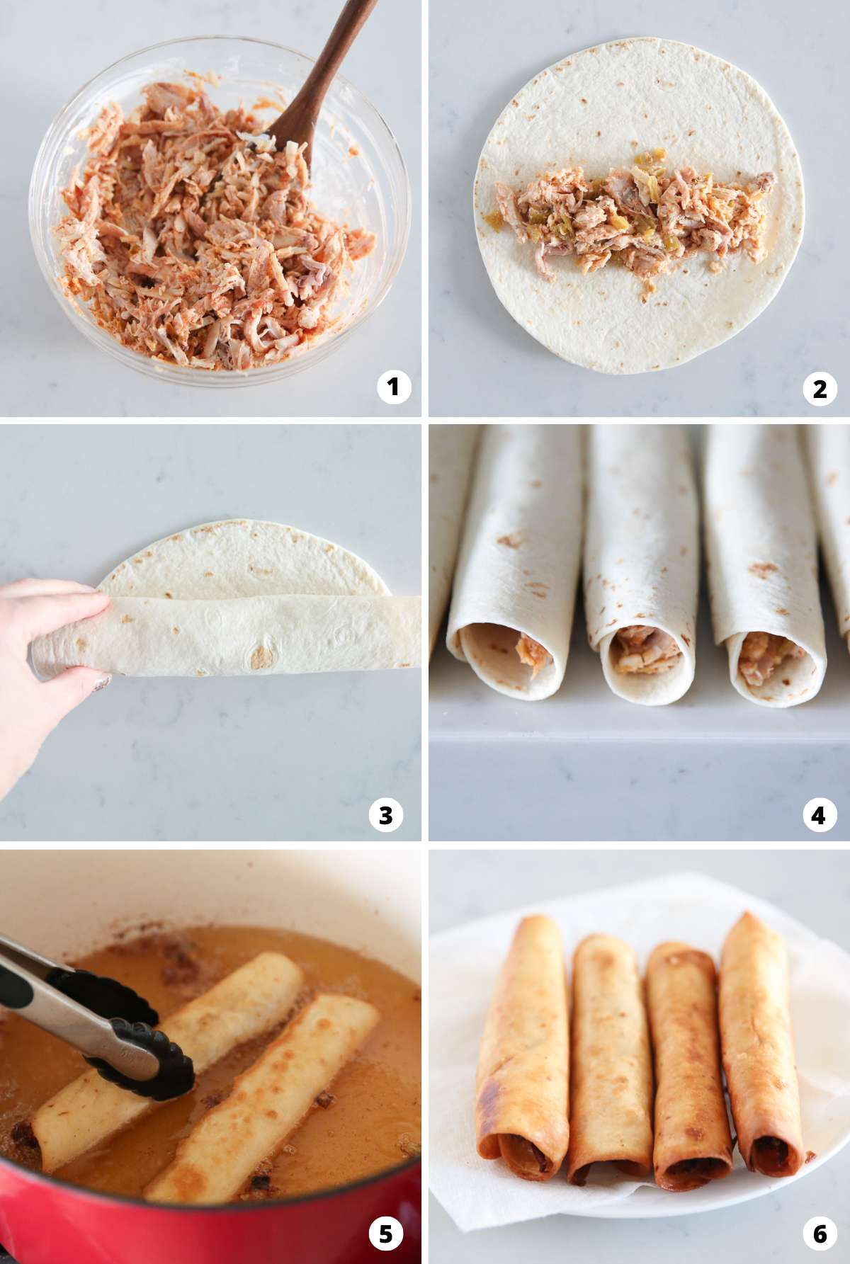 Showing how to make flautas in a 6 step collage.