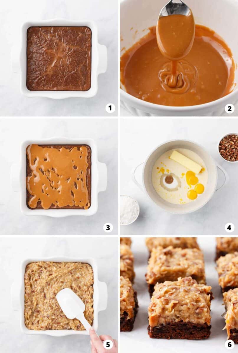 Showing how to make german chocolate brownies in a 6 step collage.
