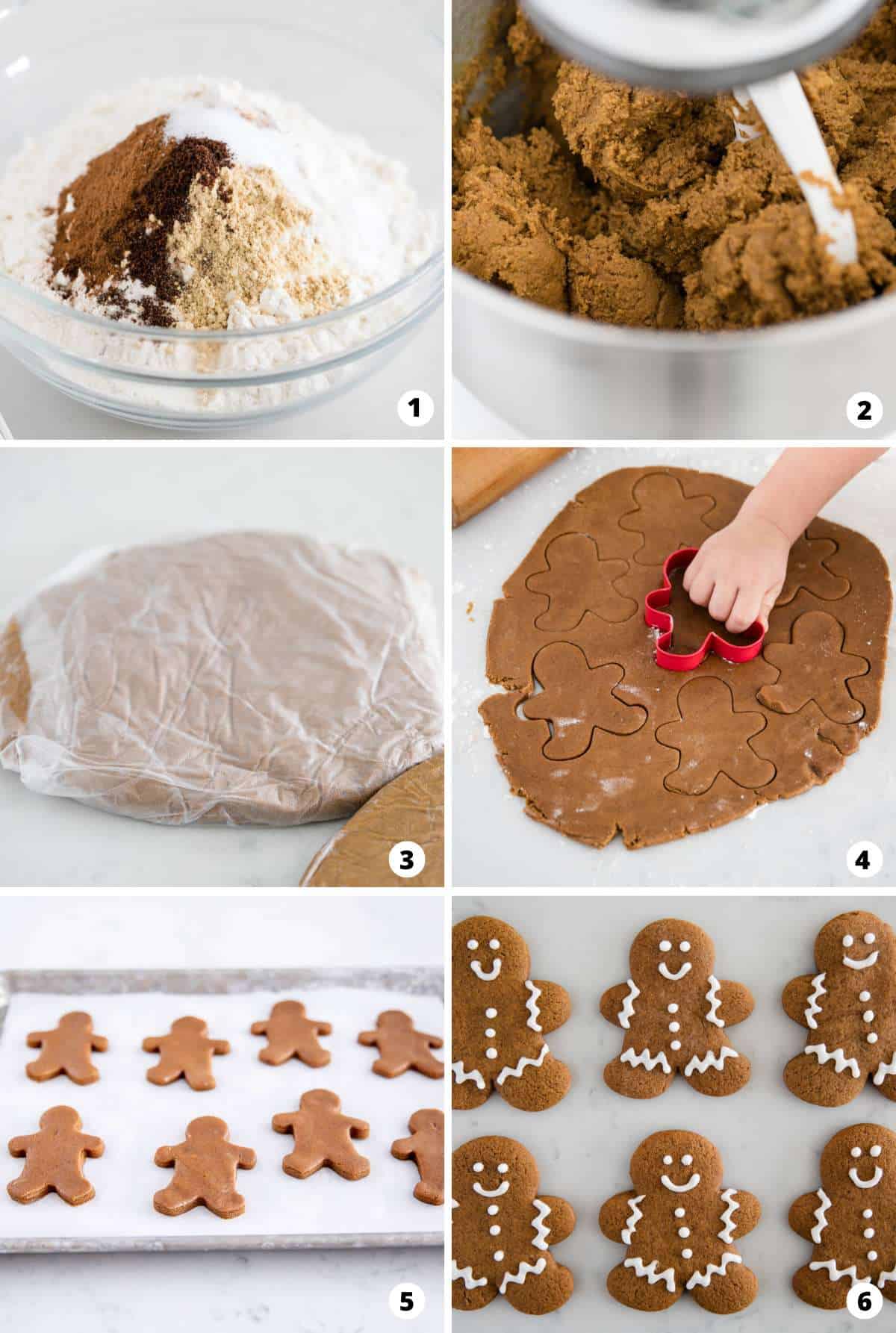 Showing how to make gingerbread man cookies in a 6 step collage.