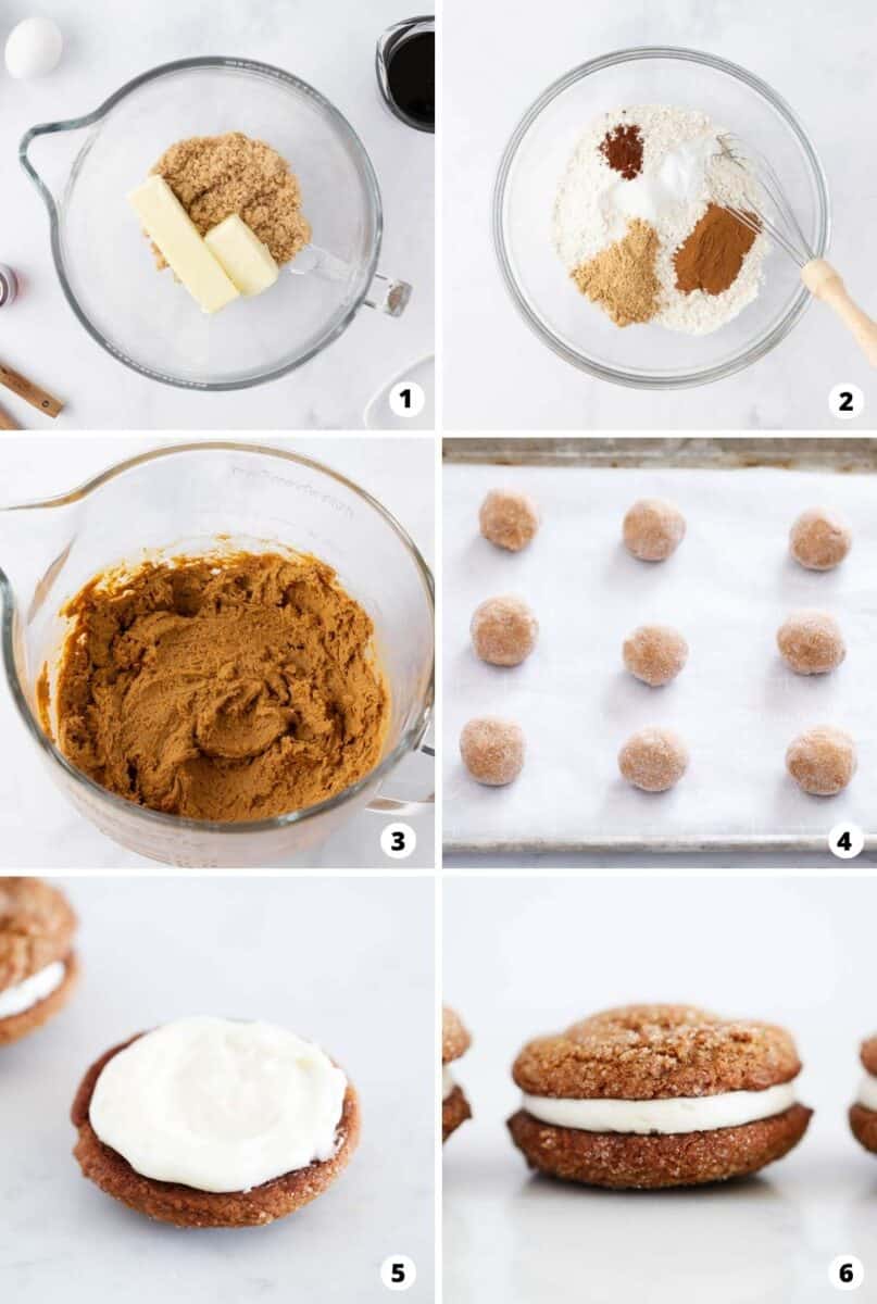 Showing how to make gingerbread whoopie pies in a 6 step collage.