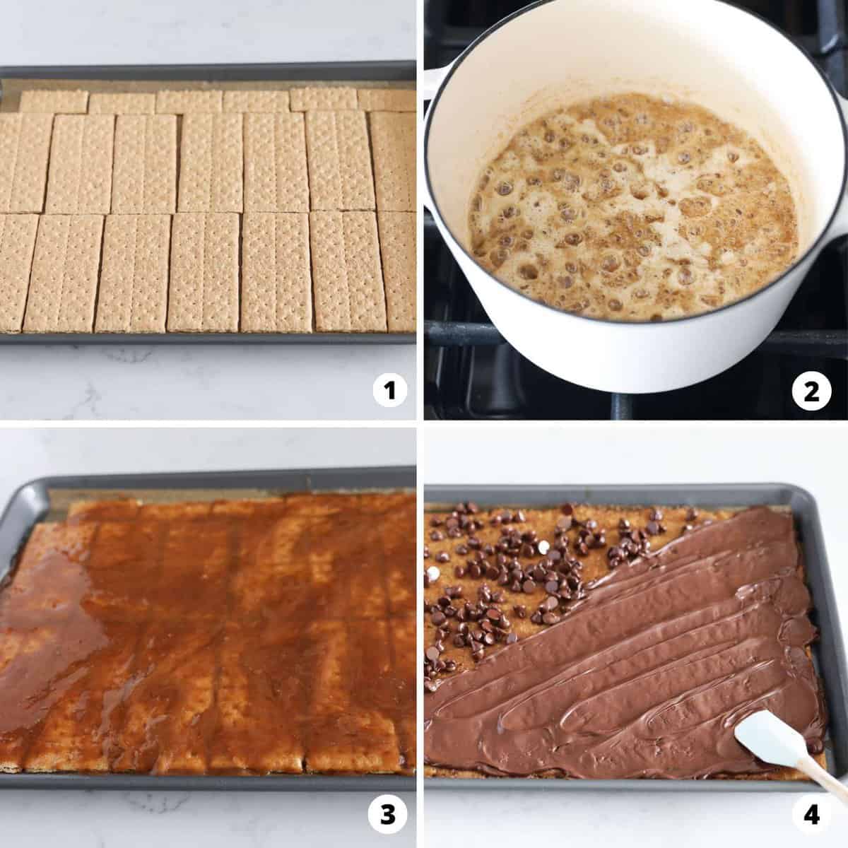 Showing how to make graham cracker toffee in a 4 step collage.